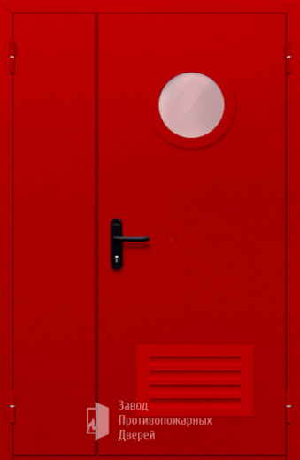 Фото двери «Полуторная с круглым стеклом и решеткой (красная)» в Лосино-Петровскому